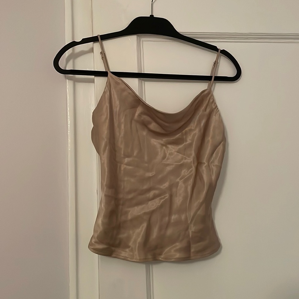 Zara Silk-Look Cowl Neck Tank Top in Beige
